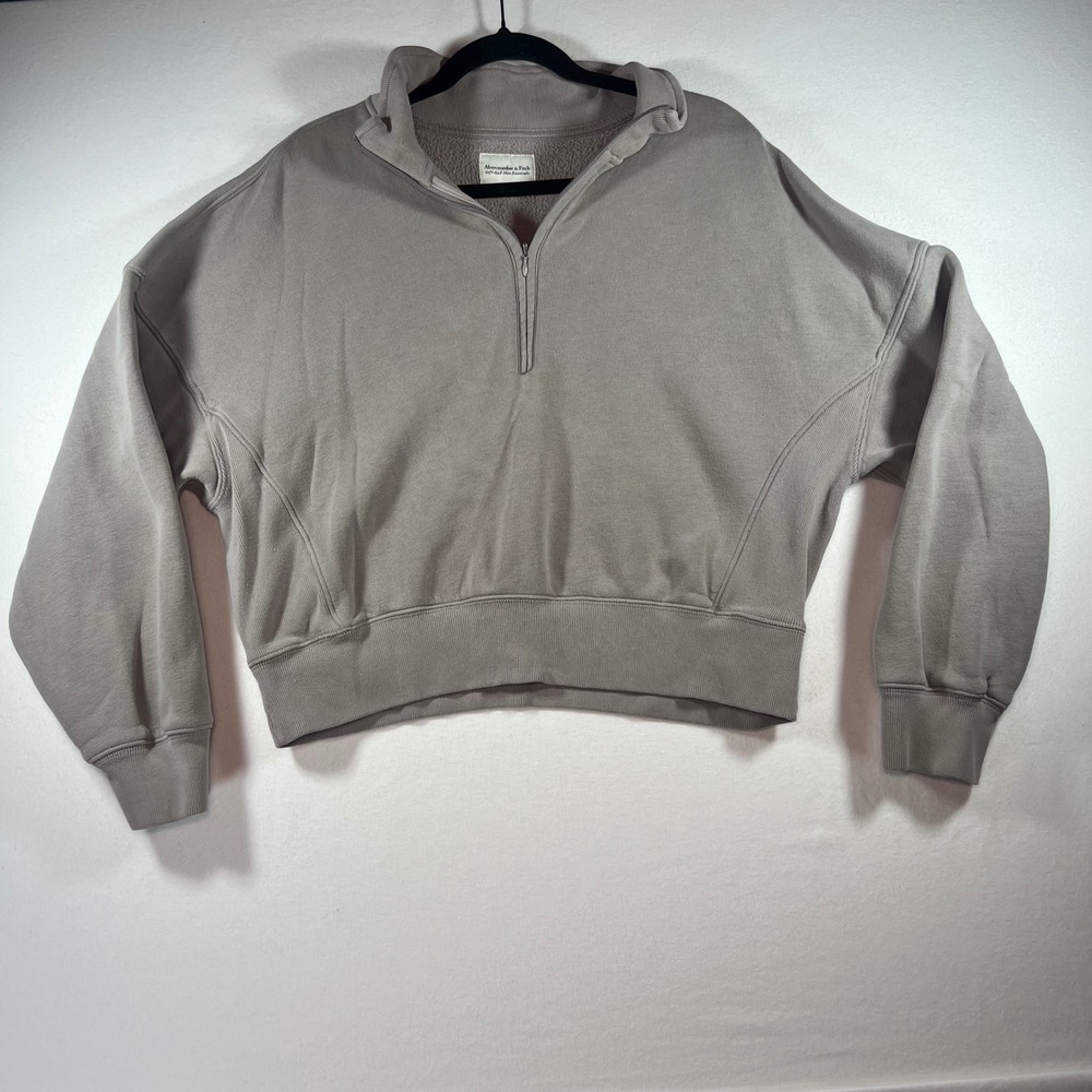 Abercrombie & Fitch Soft AF Max Essentials Quarter Zip Sweatshirt Taupe Gray M